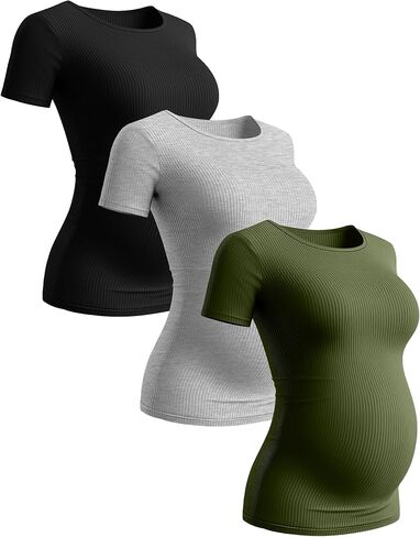 Ficerd 3 Pack Women's Maternity Shirts Ribbed Cotton Pregnancy Tops Short Sleeves Crew Neck Summer Mama Clothes in Kuwait