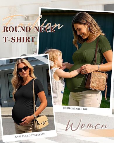 Ficerd 3 Pack Women's Maternity Shirts Ribbed Cotton Pregnancy Tops Short Sleeves Crew Neck Summer Mama Clothes in Kuwait