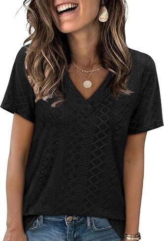 Sampeel Womens Summer Tops Trendy 2025 Eyelet Crossped v Neck T Shirts فضفاضة غير رسمية قصيرة الأكمام القمصان in Kuwait