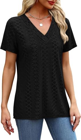 Sampeel Womens Summer Tops Trendy 2025 Eyelet Crossped v Neck T Shirts فضفاضة غير رسمية قصيرة الأكمام القمصان in Kuwait