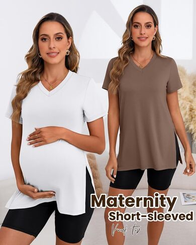 Ficerd 3 Pack Women's Maternity Shirts | Short Sleeve,Pregnancy T-Shirts, V Neck, Split Side Tops, Casual, Soft, Maternity Clothes in Saudi Arabia