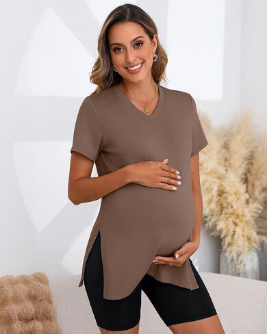 Ficerd 3 Pack Women's Maternity Shirts | Short Sleeve,Pregnancy T-Shirts, V Neck, Split Side Tops, Casual, Soft, Maternity Clothes in Saudi Arabia