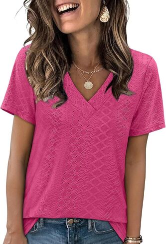 Sampeel Womens Summer Tops Trendy 2025 Eyelet Crossped v Neck T Shirts فضفاضة غير رسمية قصيرة الأكمام القمصان in Kuwait