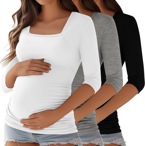 Ficerd 3 Pack Cotton Maternity Top 3/4 Sleeve Basic Square Neck Maternity T Shirt Ruched Pregnancy Blouse in Saudi Arabia