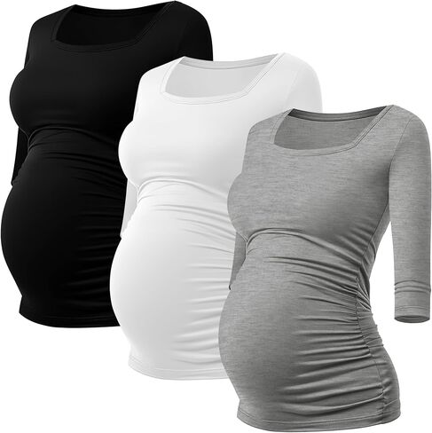 Ficerd 3 Pack Cotton Maternity Top 3/4 Sleeve Basic Square Neck Maternity T Shirt Ruched Pregnancy Blouse in Saudi Arabia