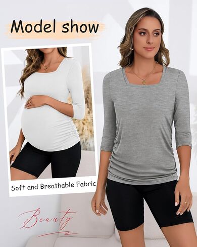 Ficerd 3 Pack Cotton Maternity Top 3/4 Sleeve Basic Square Neck Maternity T Shirt Ruched Pregnancy Blouse in Saudi Arabia
