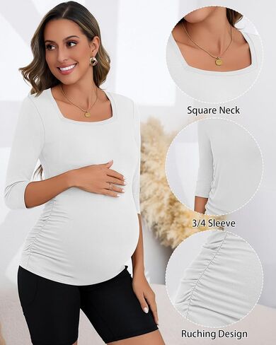 Ficerd 3 Pack Cotton Maternity Top 3/4 Sleeve Basic Square Neck Maternity T Shirt Ruched Pregnancy Blouse in Saudi Arabia
