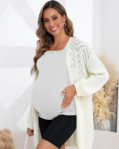 Ficerd 3 Pack Cotton Maternity Top 3/4 Sleeve Basic Square Neck Maternity T Shirt Ruched Pregnancy Blouse in Saudi Arabia