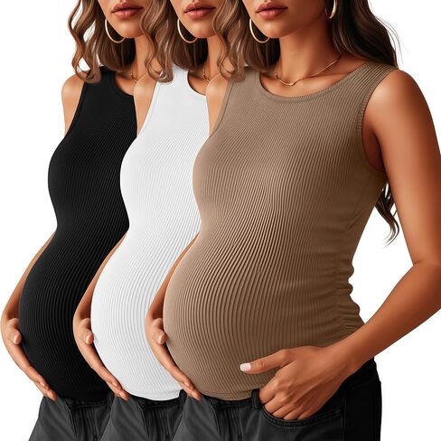 Neer 3 Pack Women's Maternity Tank Tops Ruched Side Sleeveless Pregnancy Ribbed Basic Shirts Crew Neck Mama Clothes in Kuwait