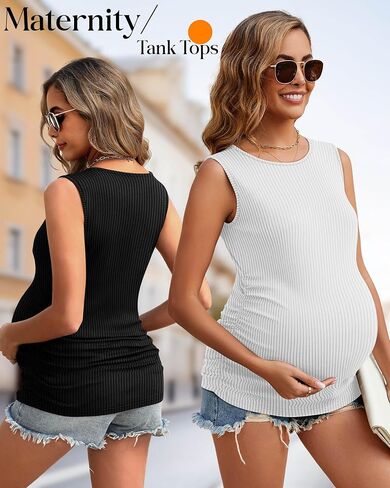 Neer 3 Pack Women's Maternity Tank Tops Ruched Side Sleeveless Pregnancy Ribbed Basic Shirts Crew Neck Mama Clothes in Kuwait