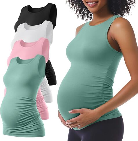 Ficerd 4 Pack Tops Women's Paternity Tuck ، Side Ruched Slicfeless Dressancy Stirts Summer Comfy Round Dearn Tee Tee Tee in Kuwait