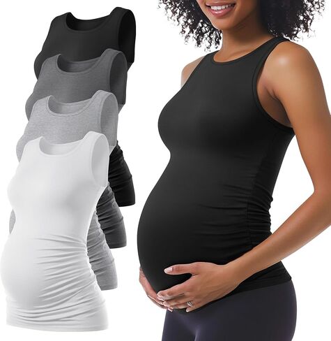 Ficerd 4 Pack Tops Women's Paternity Tuck ، Side Ruched Slicfeless Dressancy Stirts Summer Comfy Round Dearn Tee Tee Tee in Kuwait
