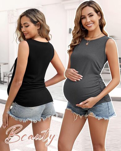 Ficerd 4 Pack Tops Women's Paternity Tuck ، Side Ruched Slicfeless Dressancy Stirts Summer Comfy Round Dearn Tee Tee Tee in Kuwait
