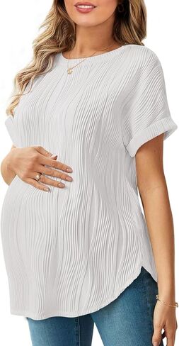 Womens Maternity Shirts Casual Textured Short Sleeve Crew Neck Spring Summer Pregnancy Tops S-XXL in Saudi Arabia