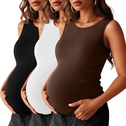 Neer 3 Pack Women's Maternity Tank Tops Ruched Side Sleeveless Pregnancy Ribbed Basic Shirts Crew Neck Mama Clothes in Kuwait