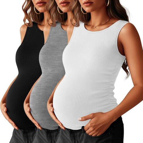 Neer 3 Pack Women's Maternity Tank Tops Ruched Side Sleeveless Pregnancy Ribbed Basic Shirts Crew Neck Mama Clothes in Kuwait