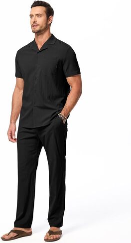 JMIERR Men 2 Piece Outfit Short Sleeve Beach Button Down Shirt Casual Loose Pant Sets with Pocket in Kuwait