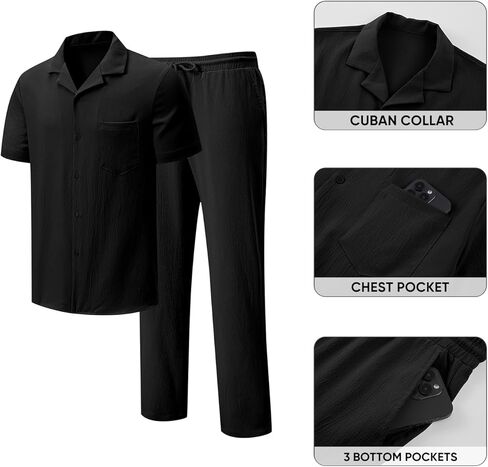JMIERR Men 2 Piece Outfit Short Sleeve Beach Button Down Shirt Casual Loose Pant Sets with Pocket in Kuwait