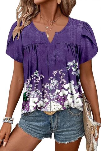CRAZY GRID Womens Summer Tops Petal Short Sleeve Tshirt Summer Floral Boho Shirts Casual Flowy Tee Comfy Blouses in Saudi Arabia