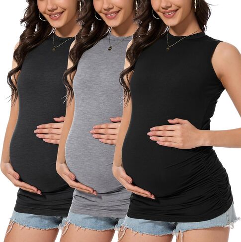 Smallshow Women's Maternity Tank Top 3 Pack | Crew Neck, Sleeveless, Pregnancy Clothes in Saudi Arabia