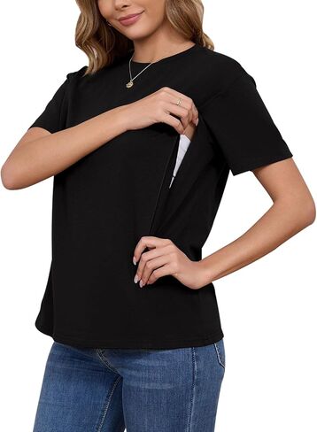 Ecavus Women's Short Sleeve Nursing Shirts for Breastfeeding Hidden Zippers Maternity Nursing Tops in Kuwait