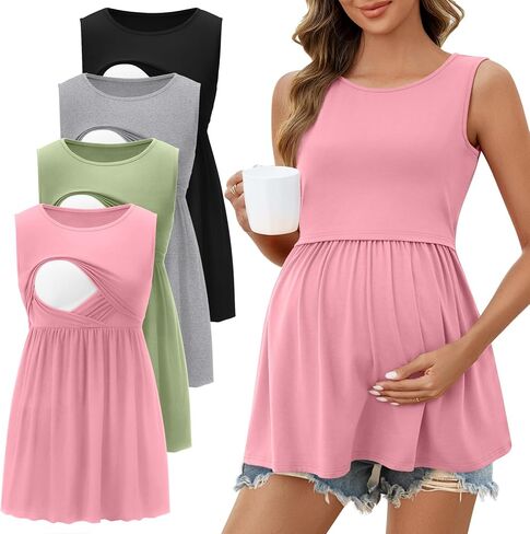 Ficerd 4 Pack Women's Maternity Nursing Tank Tops for Breastfeeding Cotton Round Neck Sleeveless Shirts Pregnancy Clothes in Kuwait