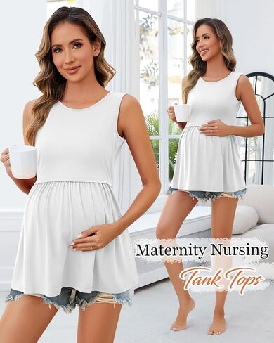 Ficerd 4 Pack Women's Maternity Nursing Tank Tops for Breastfeeding Cotton Round Neck Sleeveless Shirts Pregnancy Clothes in Kuwait