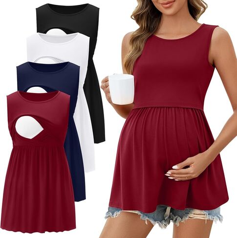 Ficerd 4 Pack Women's Maternity Nursing Tank Tops for Breastfeeding Cotton Round Neck Sleeveless Shirts Pregnancy Clothes in Kuwait