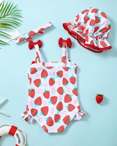 Renotemy Baby Girl Swimsuit Infant Bathing Suit Swimwear Sleeveless Bikini Tankini Toddler Girl One-Piece Swimsuit with Hat in Saudi Arabia