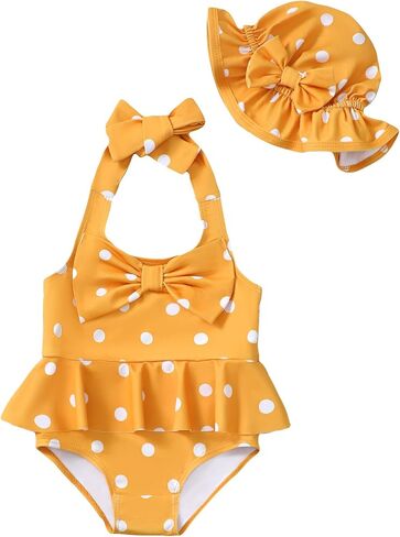 Kucnuzki Baby Girl Swimsuit Newborn One Piece Bathing Suit Bow Tie Bikini Tankini Infant Swimwear with Hat in Kuwait