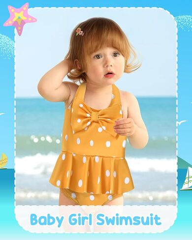 Kucnuzki Baby Girl Swimsuit Newborn One Piece Bathing Suit Bow Tie Bikini Tankini Infant Swimwear with Hat in Kuwait