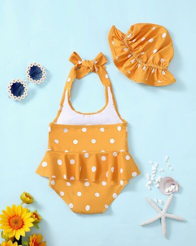 Kucnuzki Baby Girl Swimsuit Newborn One Piece Bathing Suit Bow Tie Bikini Tankini Infant Swimwear with Hat in Kuwait