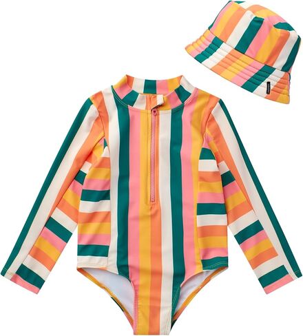 مجموعة حارس الطفح الجلدي في Volcom Toddler - 2 قطعة upf50+ Quarter Zip Long Sleeve Swimsuit مع قبعة مطابقة (12M -4T) in Kuwait