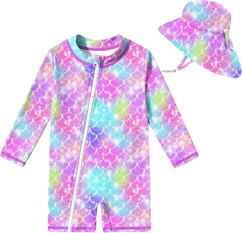 UNIFACO Infant Baby Girl Swimsuit Full Zipper Bathing Suit with Sun Hat UPF 50+ Long Sleeve Rash Guar Swim Suit in Saudi Arabia