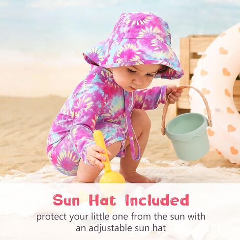 UNIFACO Infant Baby Girl Swimsuit Full Zipper Bathing Suit with Sun Hat UPF 50+ Long Sleeve Rash Guar Swim Suit in Saudi Arabia