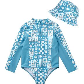 Volcom Toddler Girls' Rash Guard Set - 2 Piece UPF50+ Quarter Zip Long Sleeve One Piece Swimsuit with Matching Hat (12M-4T)