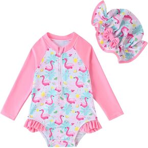 Baby Girl Swimsuit One-Piece Long Sleeve Rash Guard with Hat Set Strawberry/Flower Zipper Bathing Suit