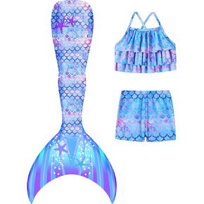Girls Tankini Swimsuit 3 Piece Mermaid Bathing Suit Kids Ruffle Top with Shorts Fish Tail Set Swimwear in Kuwait