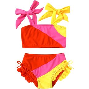 Toddler Swimsuit Girl Color Block Stripe Swimwear Baby Girl Summer Beach Bathing Suits Bikini Set with Ruffled Edges