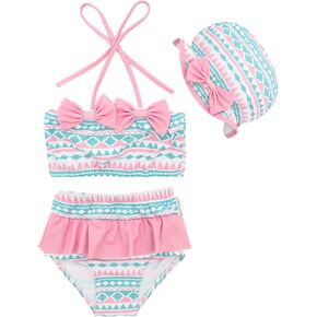 ALVABABY Toddler Girls 2 Pieces Swimsuit with Hat,Reusable Baby Swimsuit Bikini,Infant Bathing Sleeveless Tankini Swimwear