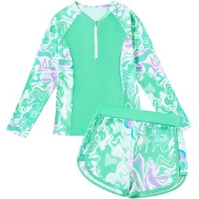 Toddler Girls Long Sleeve Swimsuits Girl Swimwear Little Girls Swimsuits 2 Pieces Toddler Rash Guard Swimsuit Print
