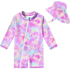 UNIFACO Infant Baby Girl Swimsuit Full Zipper Bathing Suit with Sun Hat UPF 50+ Long Sleeve Rash Guar Swim Suit