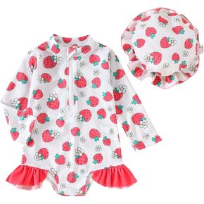 Noubeau Baby Girl Swimsuit One Piece Long Sleeve Zip Bathing Suit Fruit Print Rash Guard Beach Wear