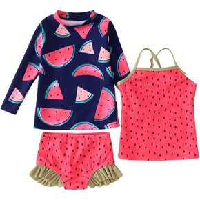 Ritatte Toddler Baby Girl 3-Piece Swimsuits Set Long Sleeve Rash Guard Bathing Suit Bikini Set Watermelon Flower Swimwear