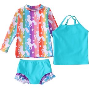 Toddler Baby Girls 3-Piece Rashguard Sets Swimwear Bathing Suit Long Sleeve Swimsuit Sunsuit Swim Shirt UPF 50+