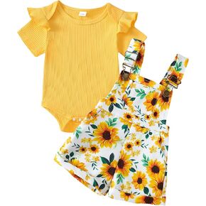 SUNNY PIGGY Toddler Baby Girl Overalls Clothes Toddler Adjustable Suspender Jumpsuit Short Sleeve Outfit Little Girl's Set