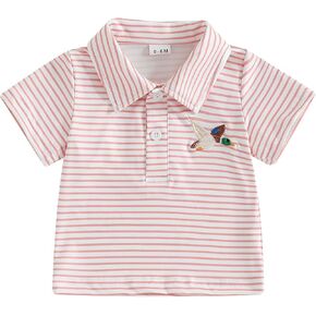 Toddler Baby Boys Girls Embroidery Polo Shirt Striped Print Short Sleeve Lapel Button Down Shirts Summer Clothes