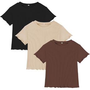 3 Pack Toddler Girl T-Shirts Ruffle Short Sleeve Baby Girls Top Basic Solid Ribbed Knite Casual Tees for Little Kid