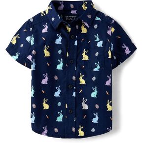 The Children's Place,Baby Boys,and Toddler Poplin Short Sleeve Button Down Shirt,Tidal Bunny,12 Months,18 Months