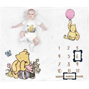 utrwooy Winnie Bear Themed Month Blanket for Newborn Photography - 37"x45" Flannel Growth Mat with 2 Black Felt Date Frames - Baby Photo Prop